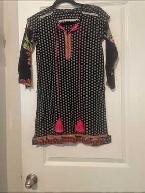 Princess Polly Black Polka Dot Long Sleeve Tassel Dress with Pink Accents